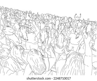 Line art drawing illustration of a large crowd of young people with cellphone or mobile phone at a live concert music event party festival on isolated white background done monoline style.