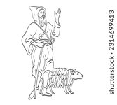 Line art drawing illustration of a medieval shepherd sheepherder or goat herder with staff and sheep done in medieval style on isolated background.