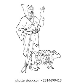 Line art drawing illustration of a medieval shepherd sheepherder or goat herder with staff and sheep done in medieval style on isolated background.