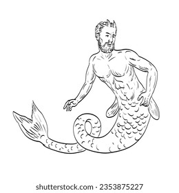 Line art drawing illustration of a Merman, the male counterparts of the mythical female mermaid done in medieval style on isolated background in black and white.
