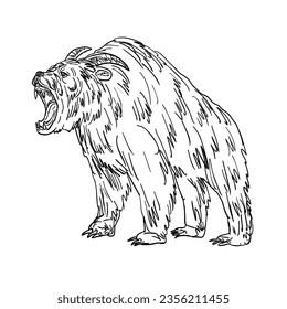 Line art drawing illustration of Ozark Howler in Arkansas folklore, a legendary creature said to dwell in the Ozarks, howling side view done in medieval style on isolated background black and white.