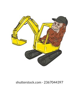 Line art drawing illustration of sasquatch or bigfoot, an ape like creature in Canadian and American folklore, wearing trucker hat driving operating a mechanical digger excavator in cartoon style.