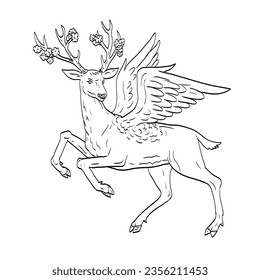 Line art drawing illustration of a Snawfus, in Arkansas folklore, a white deer with plum or dogwood branches in full bloom for antlers done in medieval style on isolated background black and white.