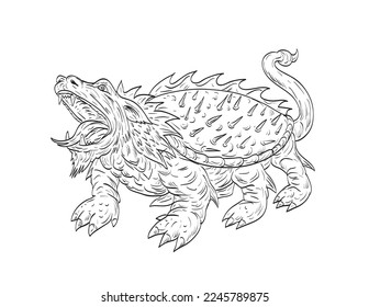 Line art drawing illustration of Tarasque, a fearsome legendary dragon-like mythological hybrid from Provence, France tamed by Saint Martha done in medieval style on isolated background.