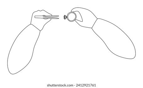 Line art drawing of Jeweler hands with Tweezers and Diamond rings. Hand Drawn Vector Linear illustration isolated on white. Jewelry making concept in Trendy technique for Card, Poster, Placard