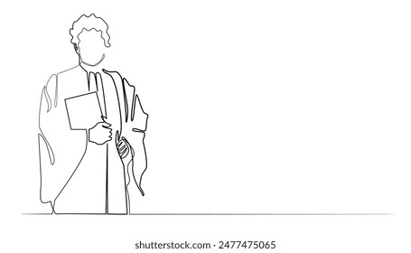 line art drawing of judge standing with law book.one line vector illustration.isolated white background