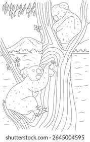 Desenho de arte de linha de coalas: uma escalada, um sono, contra uma paisagem natural - Perfeito para crianças colorir atividades e temas da vida selvagem
