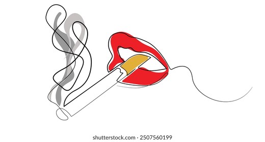 line art drawing of lips smoking a cigarette.one line drawing of red lips biting a cigarette.single line vector illustration.editable strokes.isolated white background