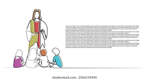 line art drawing of the Lord Jesus speaking in front of the children. Simple line art of the Lord Jesus in the middle of the children.