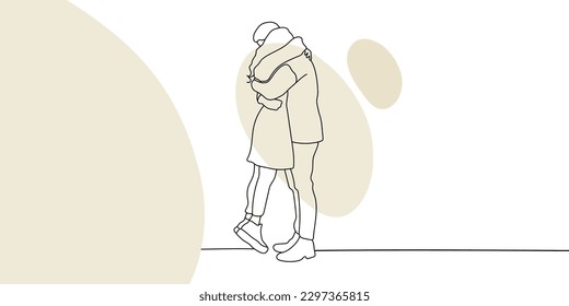 Line art drawing lovers hugs with yellow shape on white background. Minimal design templtate card. Vector outline illustration