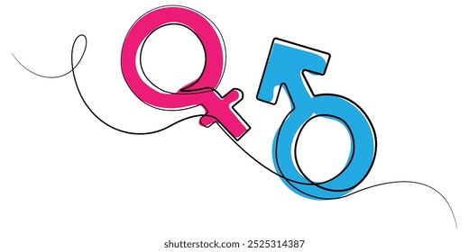 line art drawing of male and female symbols.one line drawing of male and female gender sign icons pink and blue colors.single line vector illustration.isolated white background