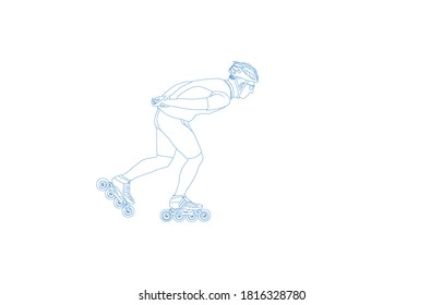 Line art drawing of Man on the rollerblades, fast moving Inline skates sport concept.