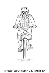 Line art drawing of man riding downhill mountain bike. Hand drawn vector illustration of bicyclist
