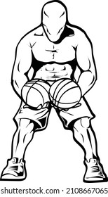 Line art drawing of a masked basketball player holding a couple of game balls 