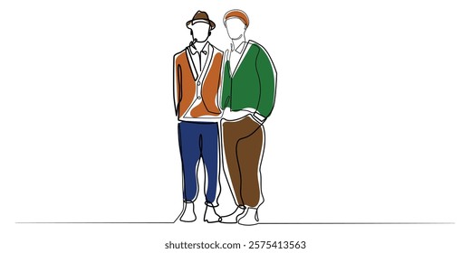 line art drawing of men in classic clothes.vector line art of men wearing 80s clothes.vector illustration.isolated white background