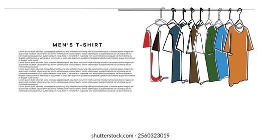 line art drawing of men's t-shirt hanging on a hanger.abstract men's clothing background.men's clothing background template one line art concept