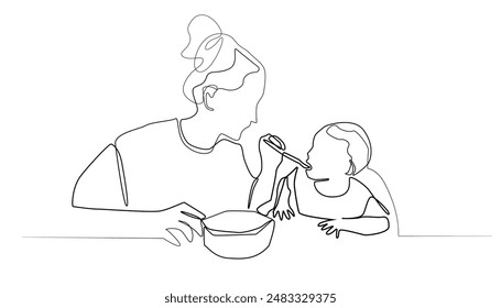 Vektorillustration Strichzeichnung von der Liebe einer Mutter zu ihrem Kind. Einfache Strichzeichnung von nahrhaftem Essen an ein Kleinkind.