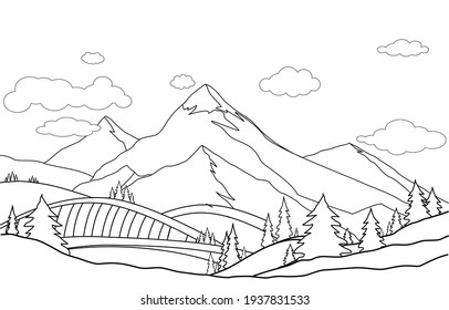 Line Art, Drawing Of Mountain  Landscape Vector Illustration. Cartoon Of Spring Summer Beautiful Nature, Green Grasslands Meadow With  Forest And Mountains On Horizon Background .