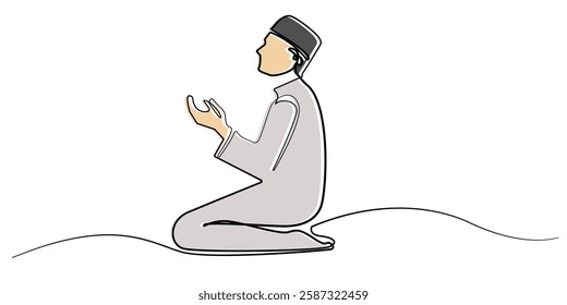 Line art drawing of a Muslim man praying. Line art of a Muslim man praying looking up. Islamic design elements in one line