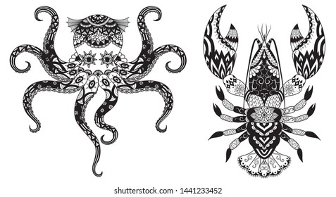 Line art drawing octopus and lobster collection for printing on products or adult coloring book pages. Vector illustration