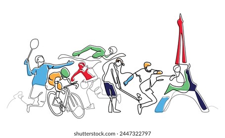 line art drawing of the Paris 2024 Olympics. various kinds of sports in combination with the eiffel tower. icons of olympic sports and the eiffel tower drawn in one line