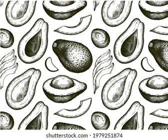 Line art drawing pattern of avocado isolated on white background. Sketch food wallpaper. Organic avocado slice, avocado stone. Engraved organic fruit, vegetable, tropical, natural. Vector illustration