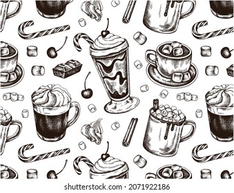 Line Art Drawing Pattern Of Marshmallow, Cup Of Hot Chocolate, Cocoa, Candy Cane, Cinnamon, Whipped Cream, Cherry. Christmas Drinks Wallpaper. Winter Sketch Drawn Sweet Food. Vector Illustration. 