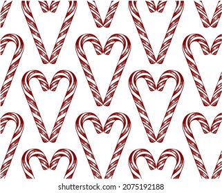 Line Art Drawing Pattern Of Red And White Candy Cane Heart Shaped . Sketch Drawing Christmas Sweets Wallpaper, Valentines Day Background. Romantic, Present, Holiday Packaging. Vector Illustration.