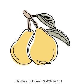 Line art drawing of pears with branch and leaves in boho style. Botanical single line colored retro drawing of vegetable. Contour line outline composition isolated on white background.