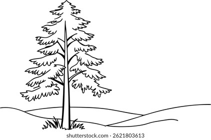 Line Art Drawing Of A Pine Tree In A Simple Mountain Landscape Scene