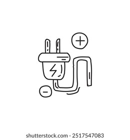Dibujo de línea de un enchufe con un símbolo positivo y negativo de corriente eléctrica. Icono de enchufe para electricista, energía, electricidad e ingeniería eléctrica.