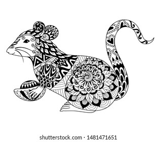 Line art drawing of rat the animal sign for year 2020 holding gold in hands means prosperity, for design element. Vector illustration