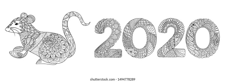 Line art drawing of rat the animal sign for year 2020 holding gold in hands means prosperity, for design element. Vector illustration