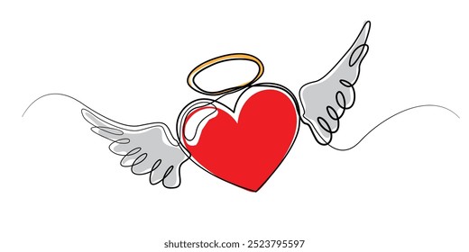 line art drawing of red heart icon with angel wings.vector illustration.eps 10.isolated white background