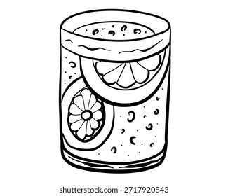 Dibujo de arte lineal de una bebida refrescante con rebanadas de cítricos. Ilustración vectorial de boceto de Doodle con elemento gráfico aislado de Lemonchello para el menú de la barra.