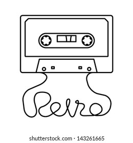 Line art drawing of a retro audio cassette with the tape spelling out the word "retro"