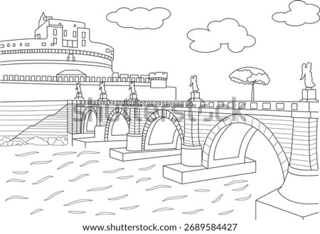 Line art drawing of Rome's iconic Ponte Sant'Angelo bridge with angelic statues and Castel Sant'Angelo in the background.
