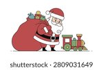 Line art drawing of Saint Nick carrying a heavy sack of gifts and observing a toy train for creative greeting card designs and winter gift delivery concepts.