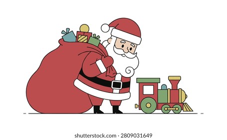 Line art drawing of Saint Nick carrying a heavy sack of gifts and observing a toy train for creative greeting card designs and winter gift delivery concepts.