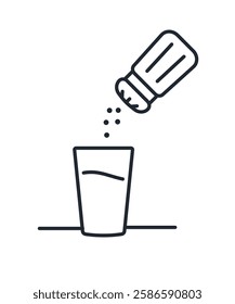 Line art drawing: Salt shaker tilted, pouring salt into a glass. Simple, minimalist style. Black lines on a white background. Depicts the concept of adding salt to a drink or liquid.