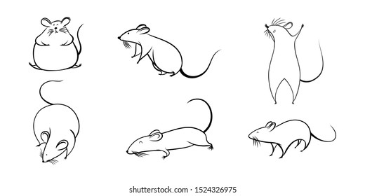 Line art drawing, Set of Rat. Vector illustration