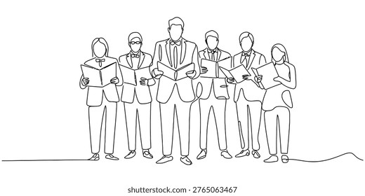 A line art drawing showing a group of six people standing together and singing from songbooks Vector, illustration