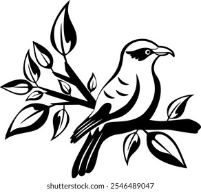 Line art drawing of shrike bird sit at lush tree branch. Abstract simple bird illustration, bird coloring page.