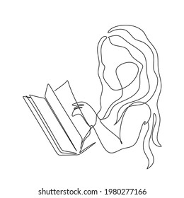 Line art drawing of small children reading book. Continuous one line drawing of girl  holding a book. 
