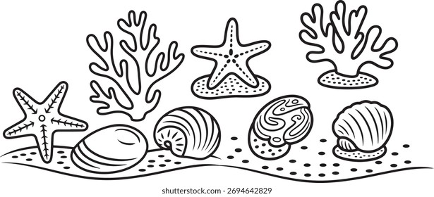 Zeichnung von Seestern Muscheln und Korallen auf einem sandigen Meeresboden