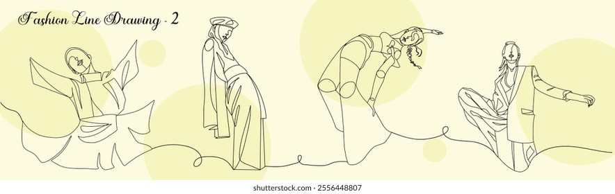 Line art drawing style, The Girl vector, modern simple linear style, beauty fashion, line art drawing, continuous line drawing of a girl of various Poses Minimalism concept, Orange colour background.