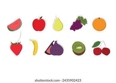 line art drawing style various fruits set. watermelon, apple, pear, grape, orange, strawberry, banana, fig, kiwi and cherry vector illustration. Set of modern fruits icons.