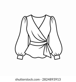 Line art drawing of a stylish wrap top with puffed sleeves and tied waist