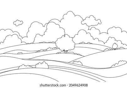 Line art  drawing summer green fields and grass trees  cloud   sky   background landscape illustration vector 