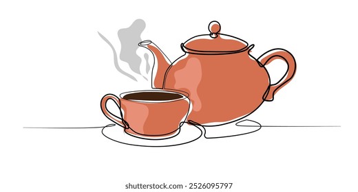 Dibujo de arte de línea de la olla de té y taza de té. Línea de Vector de té saludable art.freshness Ilustración vectorial de la porción de té